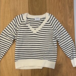 Old Navy Women's V-Neck Sweater - Cream and Black Stripes